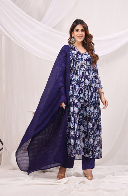 Floral Printed Empire Sequinned Kurta with Trousers & Dupatta