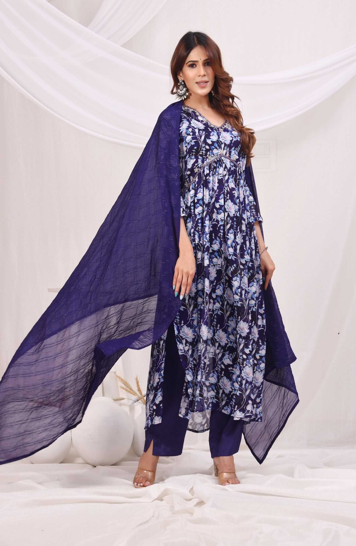 Floral Printed Empire Sequinned Kurta with Trousers & Dupatta