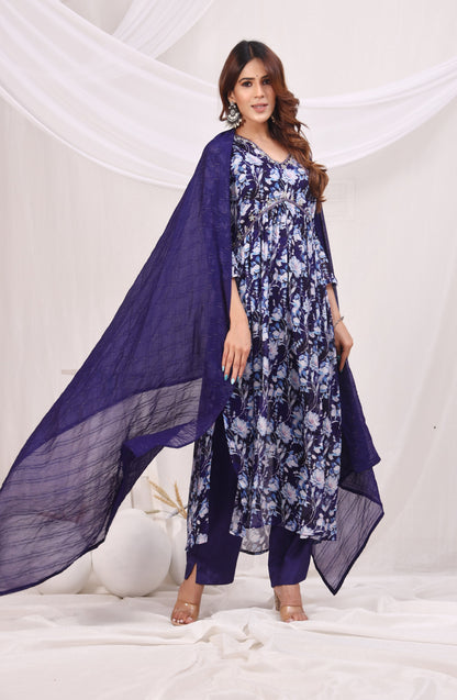 Floral Printed Empire Sequinned Kurta with Trousers & Dupatta