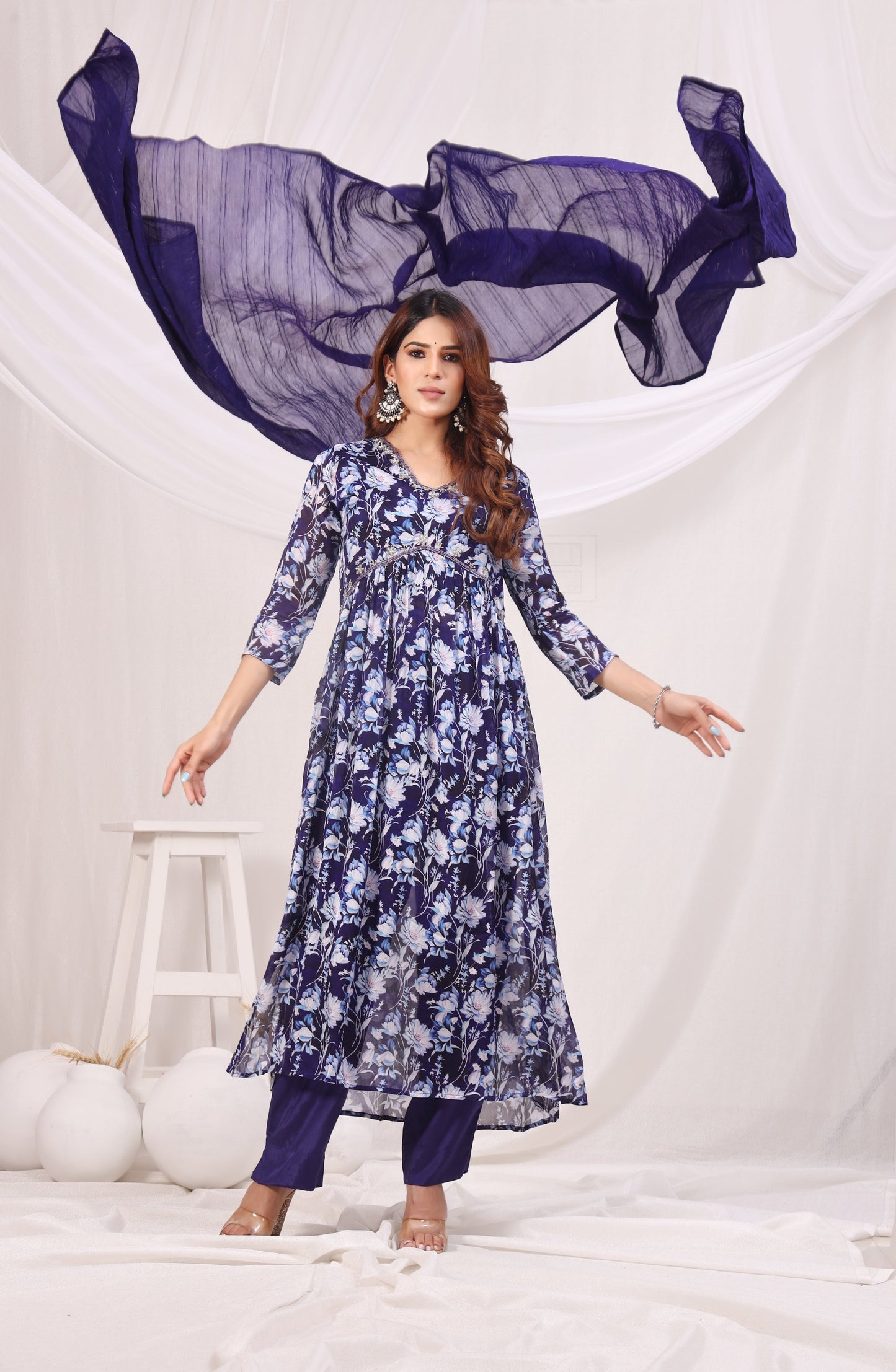 Floral Printed Empire Sequinned Kurta with Trousers & Dupatta