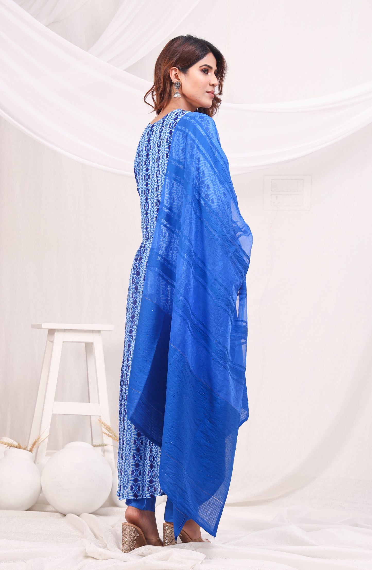 Shibori Printed Empire Sequinned Kurta with Trousers & Dupatta - Blue
