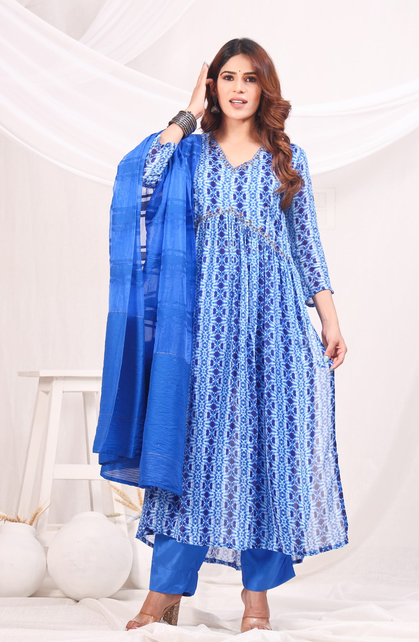 Shibori Printed Empire Sequinned Kurta with Trousers & Dupatta - Blue