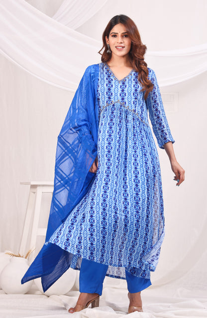 Shibori Printed Empire Sequinned Kurta with Trousers & Dupatta - Blue