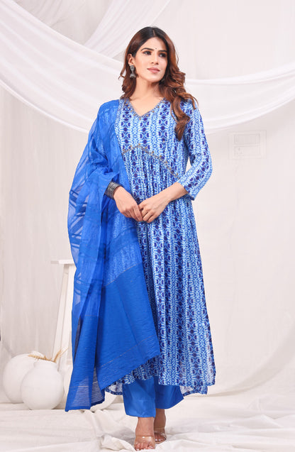 Shibori Printed Empire Sequinned Kurta with Trousers & Dupatta - Blue