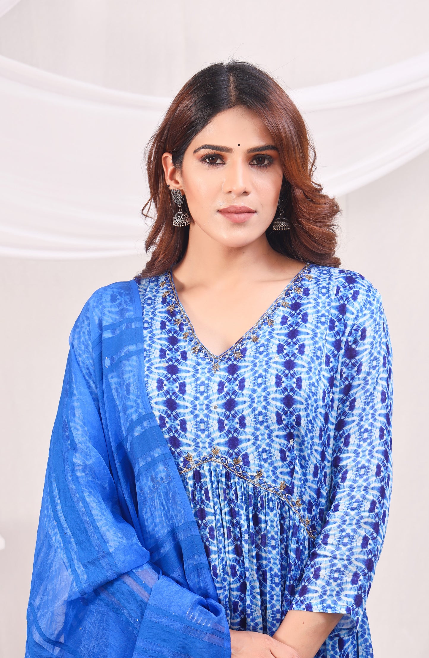 Shibori Printed Empire Sequinned Kurta with Trousers & Dupatta - Blue