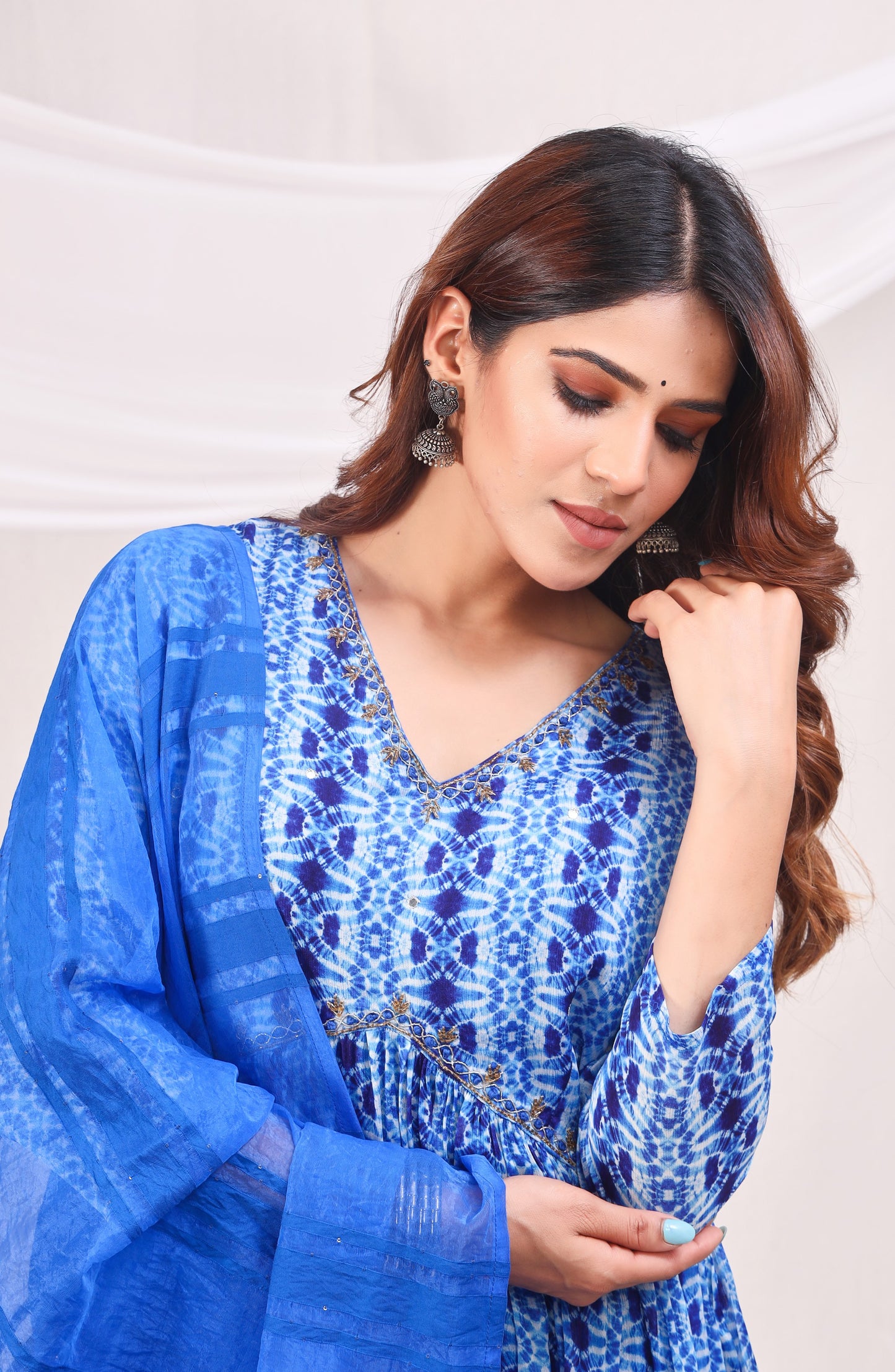 Shibori Printed Empire Sequinned Kurta with Trousers & Dupatta - Blue