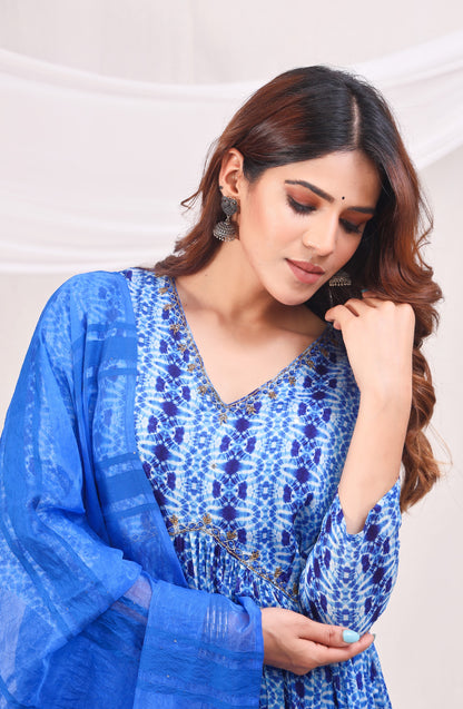 Shibori Printed Empire Sequinned Kurta with Trousers & Dupatta - Blue