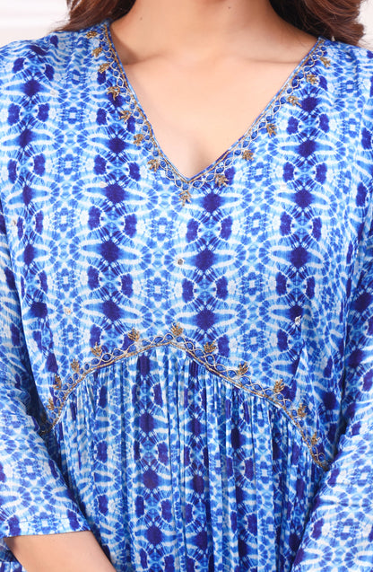Shibori Printed Empire Sequinned Kurta with Trousers & Dupatta - Blue