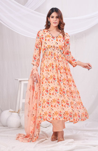 Floral Printed Empire Sequinned Kurta with Trousers & Dupatta