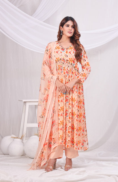 Floral Printed Empire Sequinned Kurta with Trousers & Dupatta