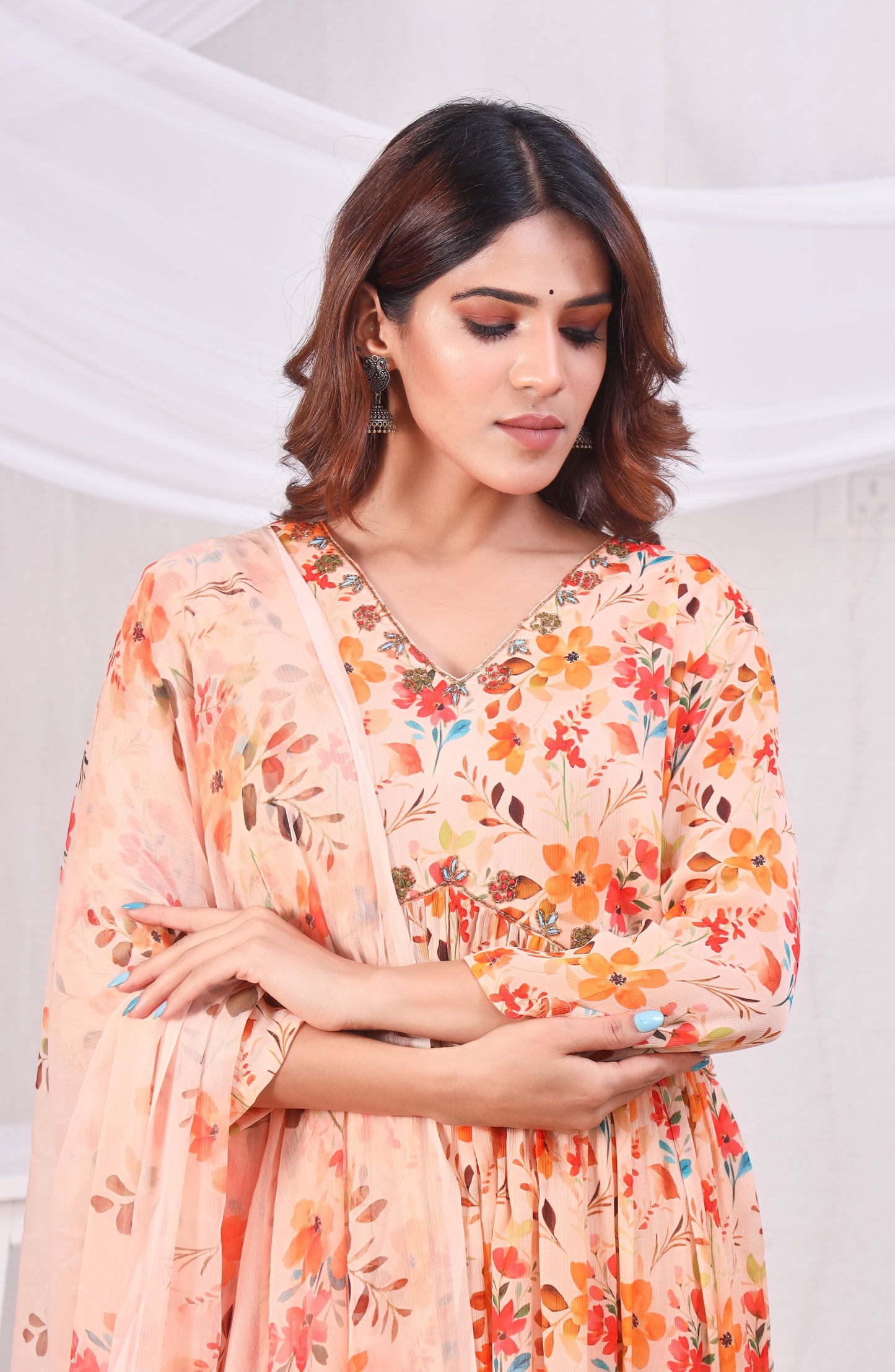 Floral Printed Empire Sequinned Kurta with Trousers & Dupatta