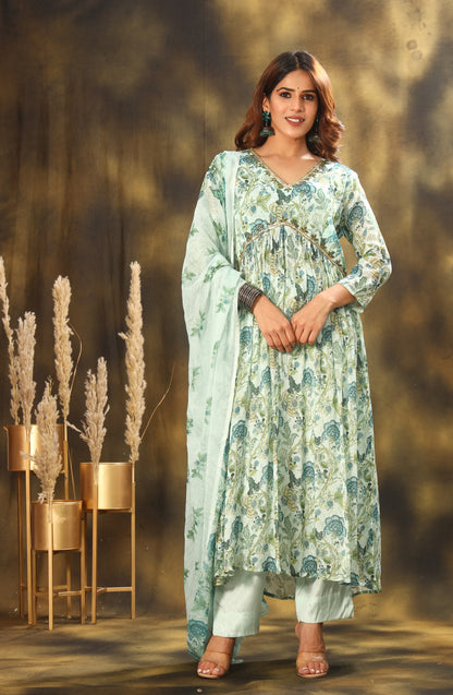 Floral Printed Empire Sequinned Kurta with Trousers & Dupatta
