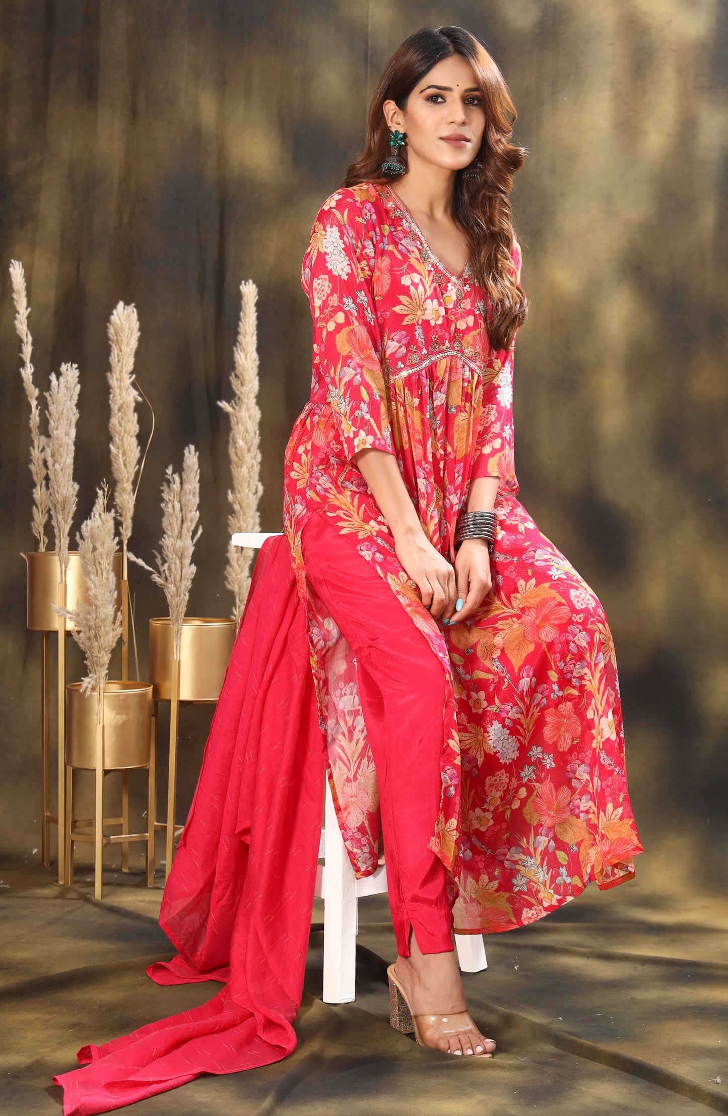 Floral Printed Empire Sequinned Kurta with Trousers & Dupatta