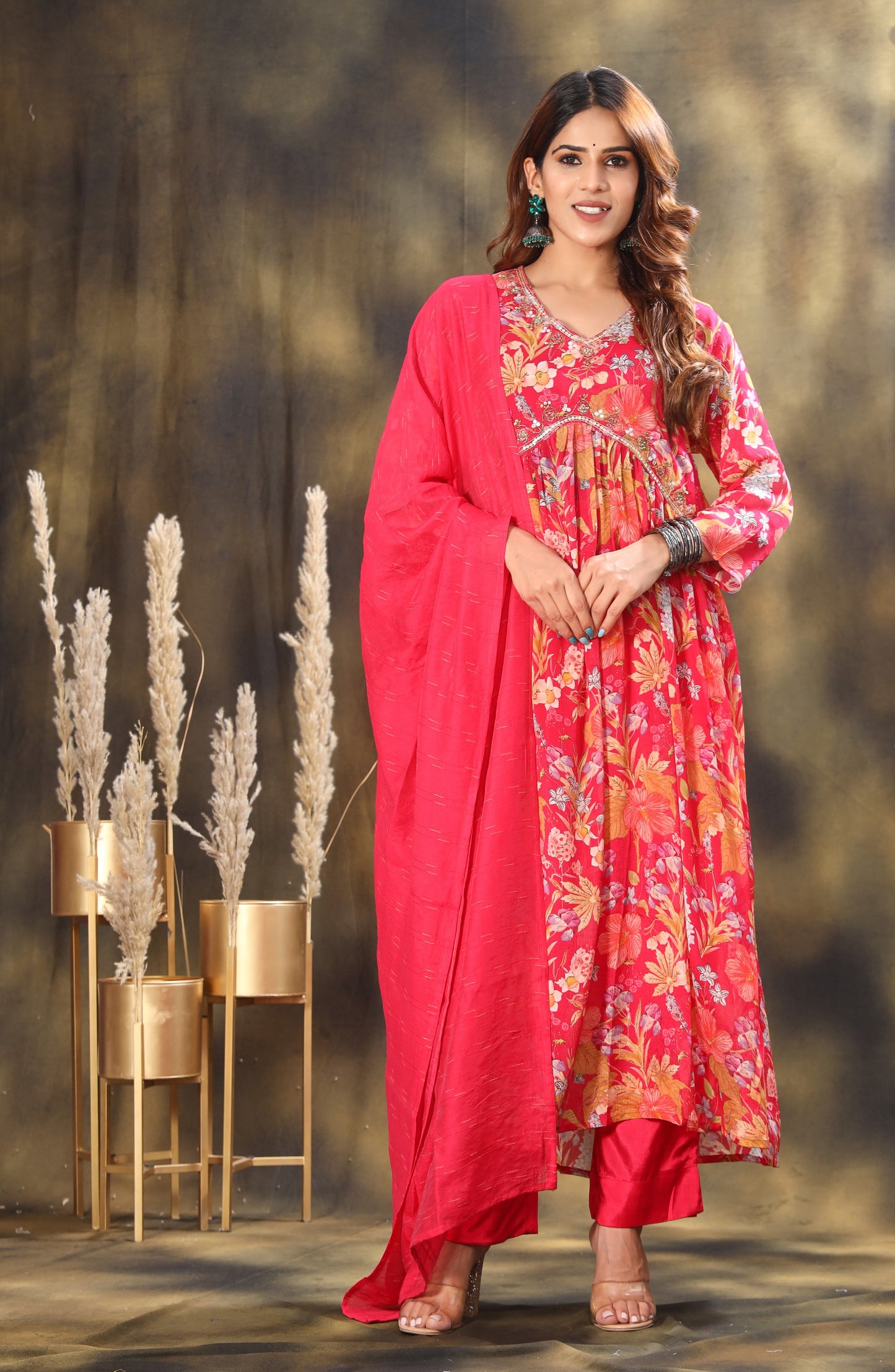 Floral Printed Empire Sequinned Kurta with Trousers & Dupatta