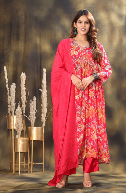 Floral Printed Empire Sequinned Kurta with Trousers & Dupatta
