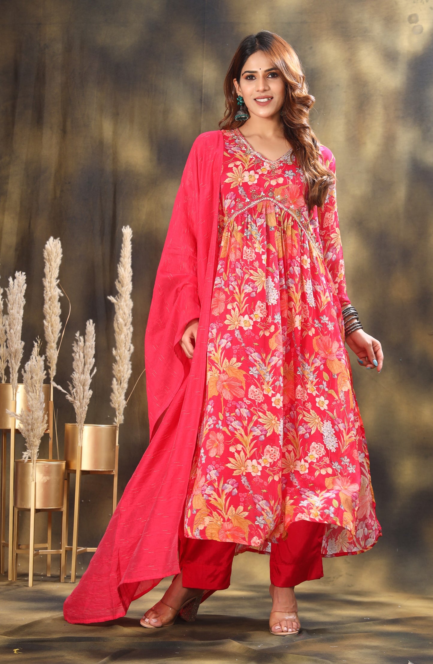 Floral Printed Empire Sequinned Kurta with Trousers & Dupatta