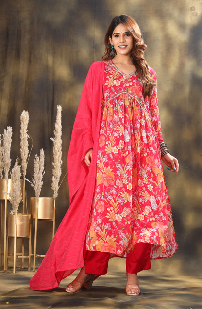 Floral Printed Empire Sequinned Kurta with Trousers & Dupatta
