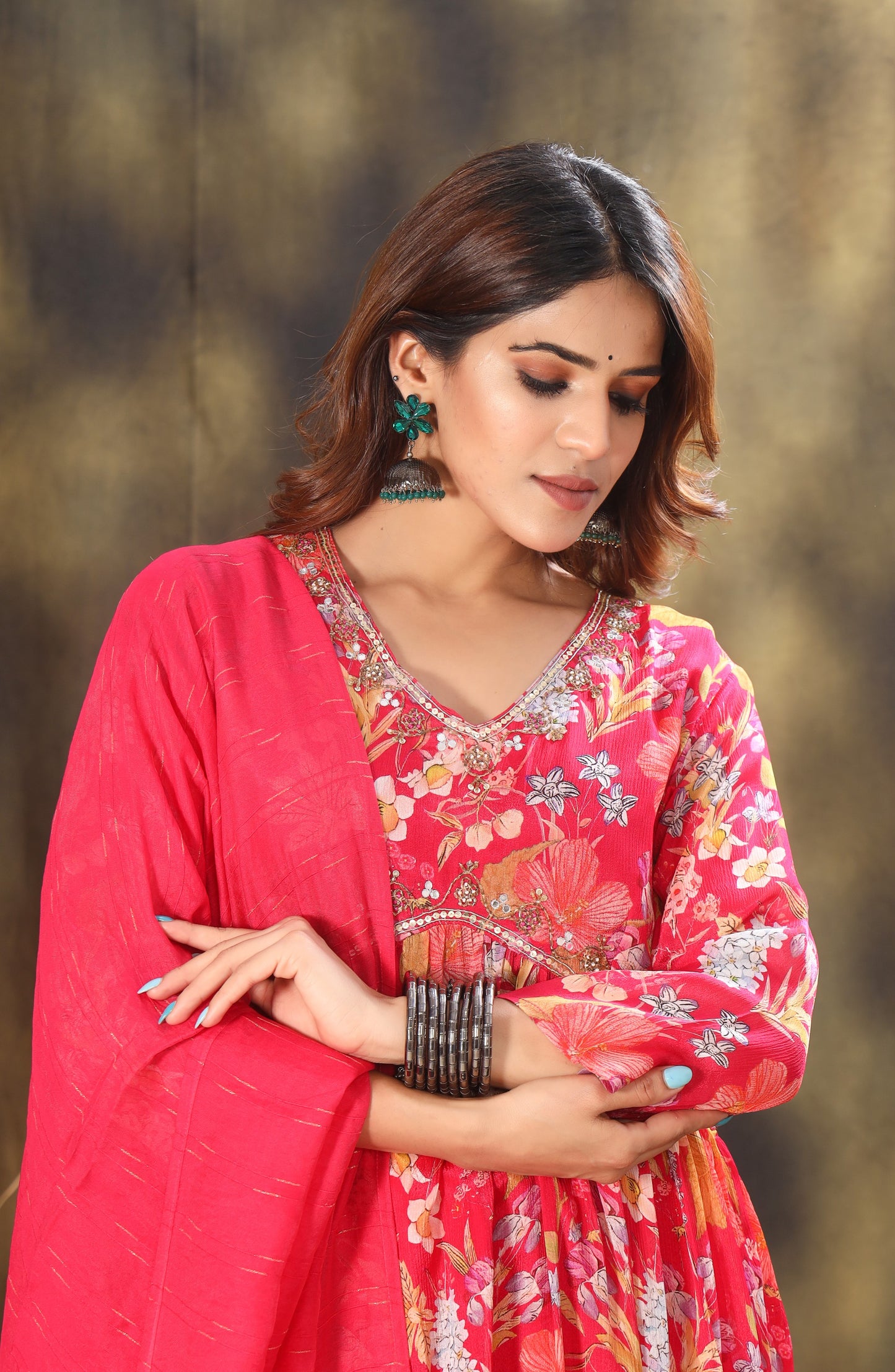 Floral Printed Empire Sequinned Kurta with Trousers & Dupatta