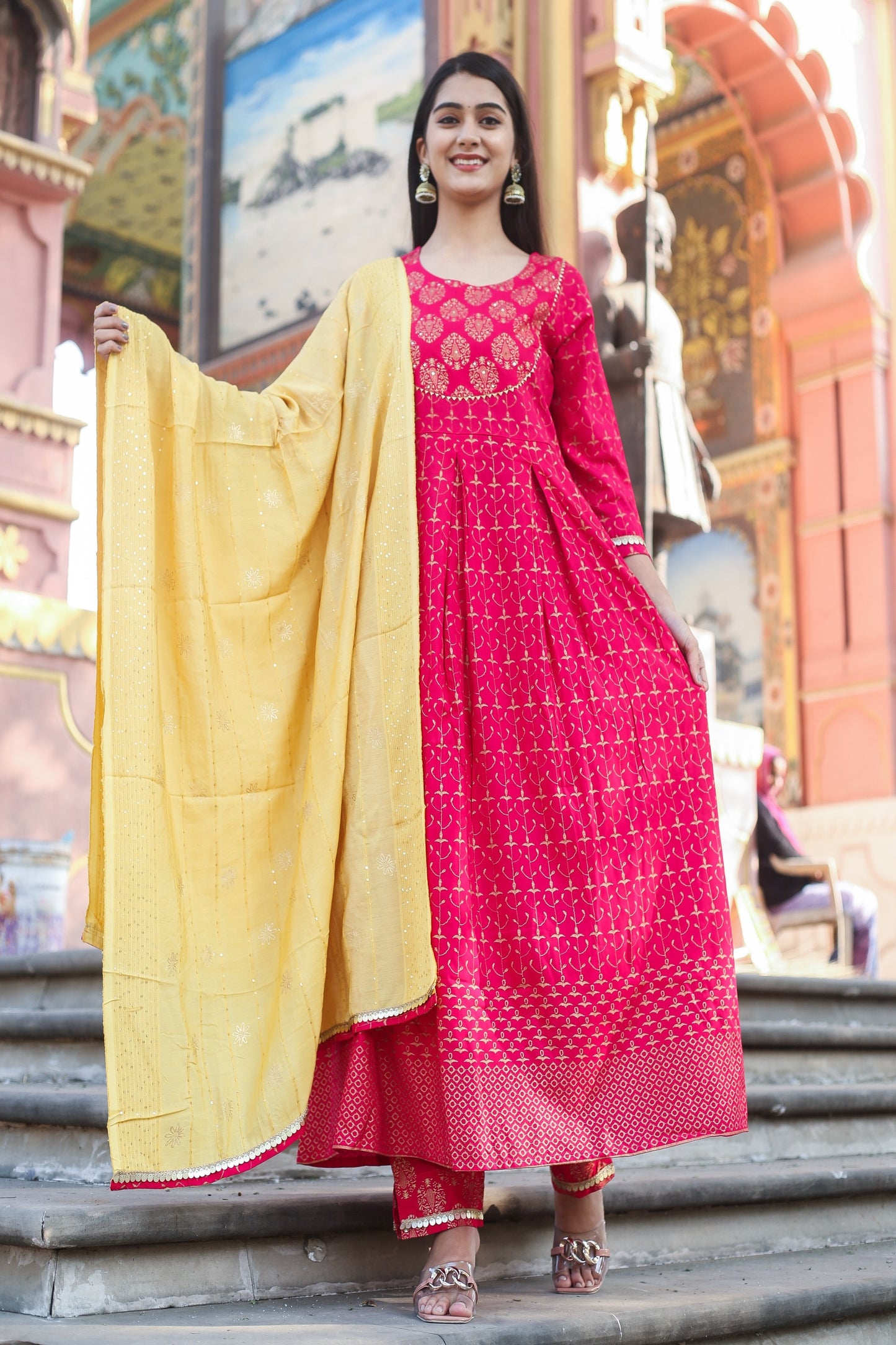 Ethnic Motifs Printed Sequinned Anarkali Kurta Set