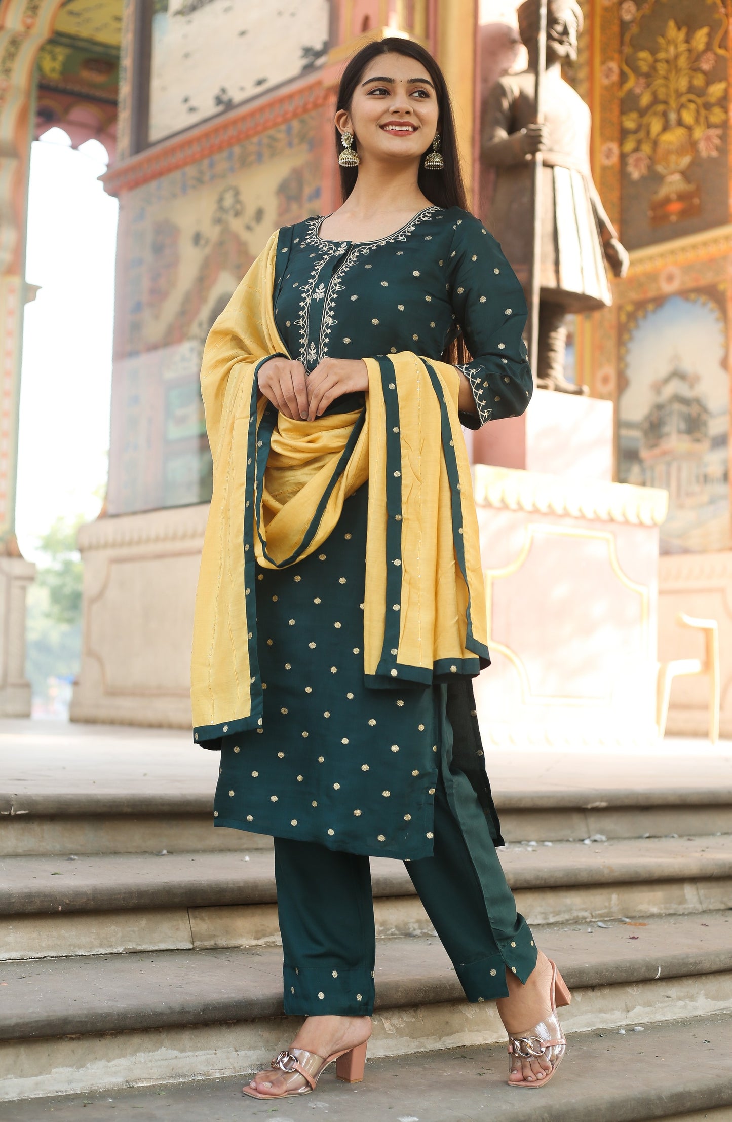 Polka Dots Embroidered Kurta with Trousers & Dupatta