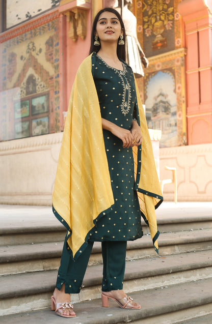Polka Dots Embroidered Kurta with Trousers & Dupatta