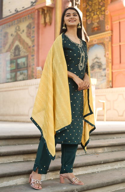 Polka Dots Embroidered Kurta with Trousers & Dupatta