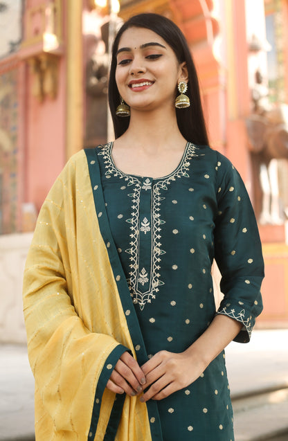 Polka Dots Embroidered Kurta with Trousers & Dupatta