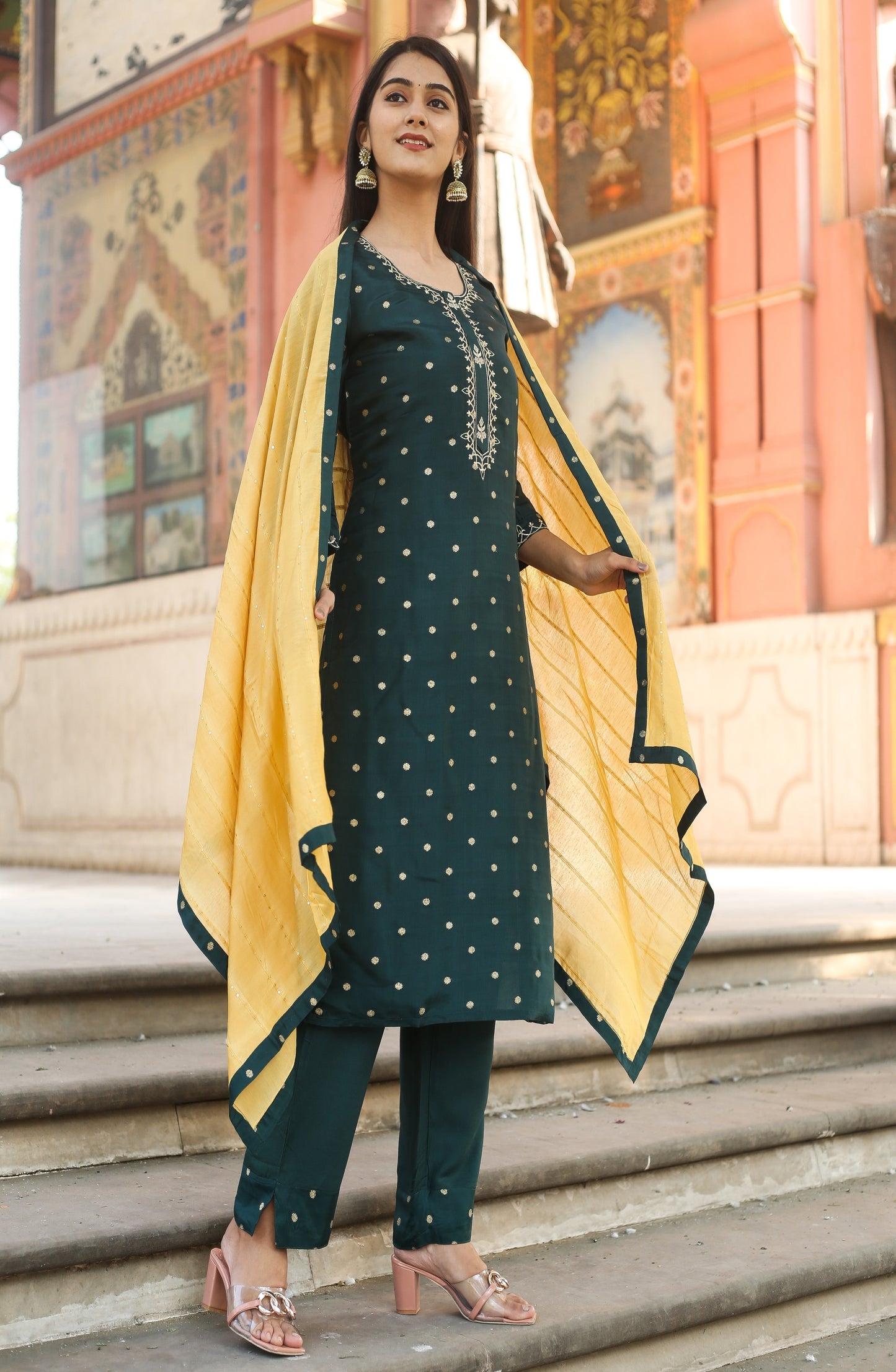 Polka Dots Embroidered Kurta with Trousers & Dupatta