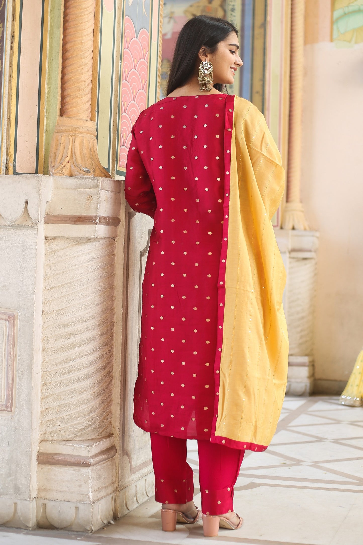Polka Dots Embroidered Kurta with Trousers & Dupatta