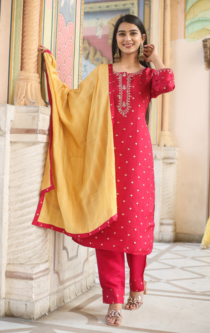 Polka Dots Embroidered Kurta with Trousers & Dupatta