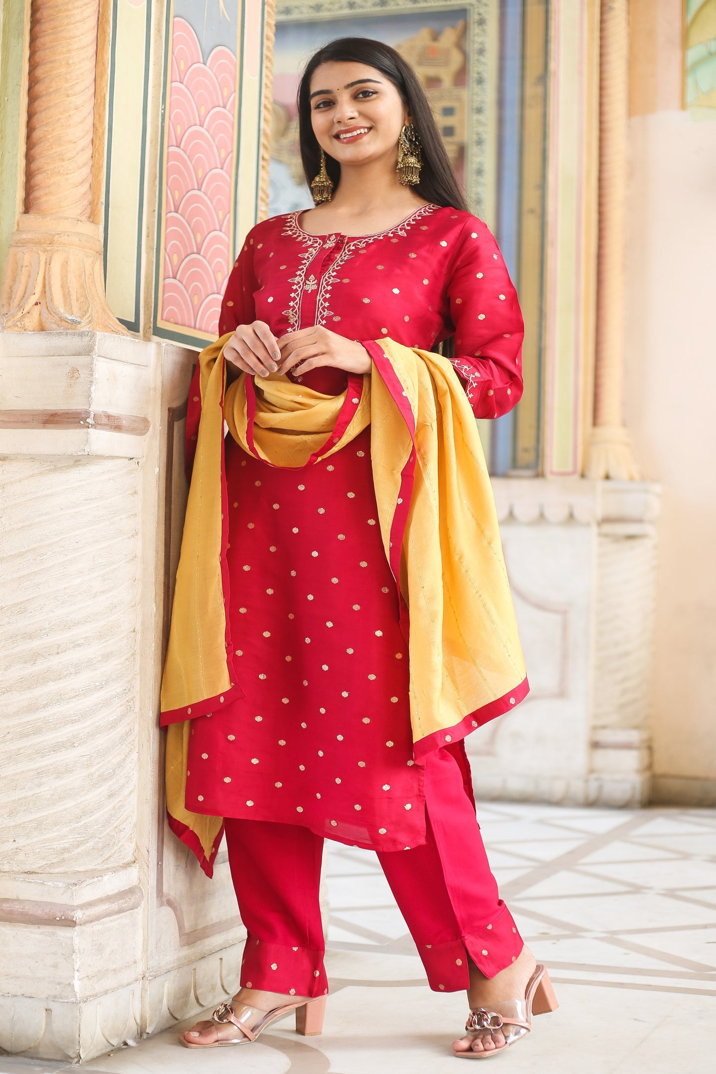 Polka Dots Embroidered Kurta with Trousers & Dupatta