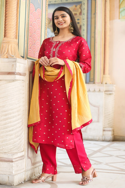 Polka Dots Embroidered Kurta with Trousers & Dupatta