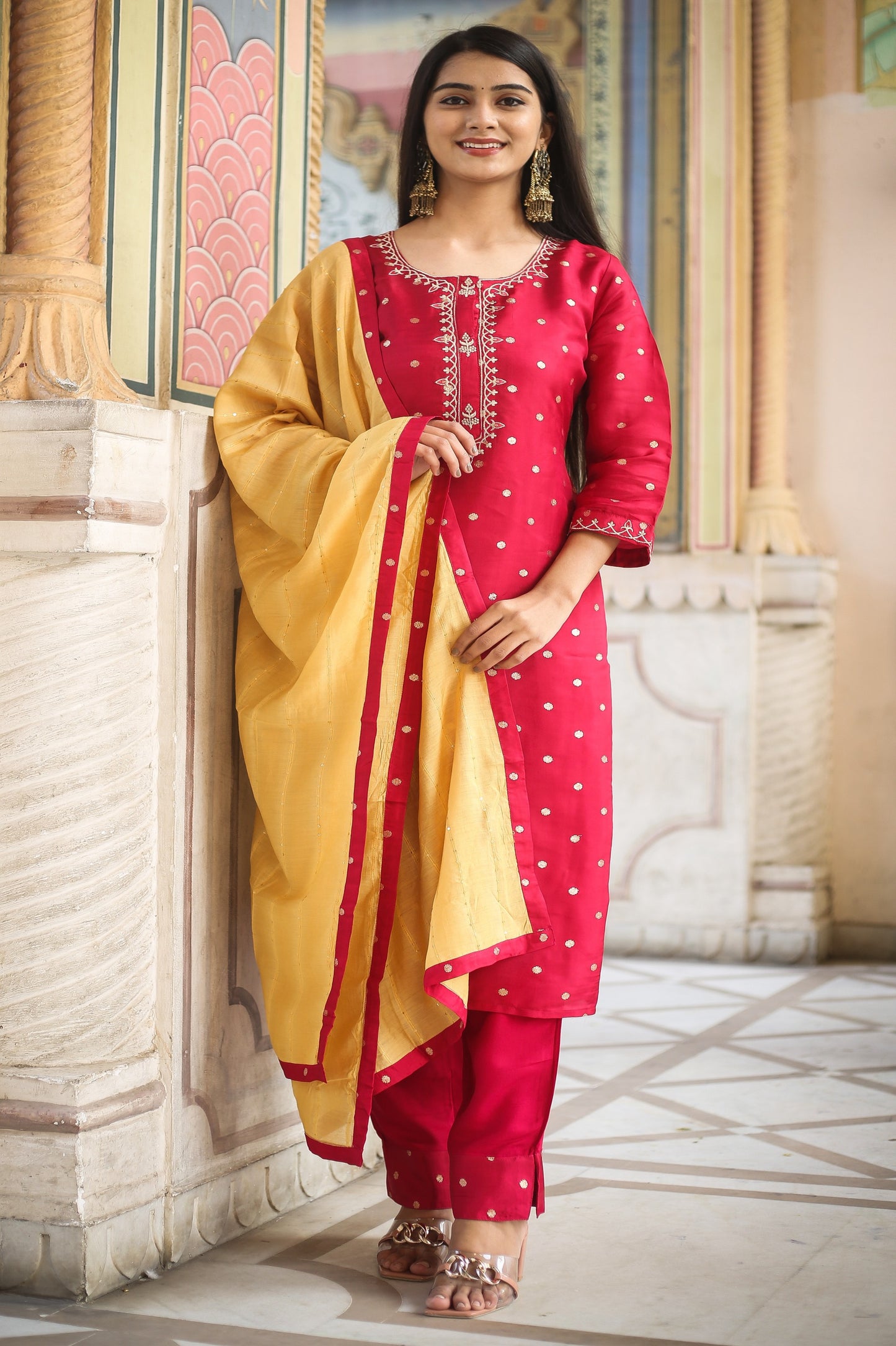 Polka Dots Embroidered Kurta with Trousers & Dupatta