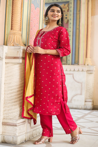 Polka Dots Embroidered Kurta with Trousers & Dupatta