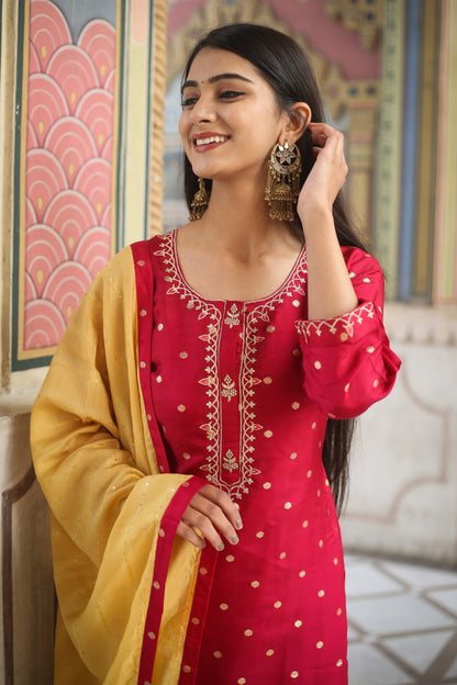 Polka Dots Embroidered Kurta with Trousers & Dupatta