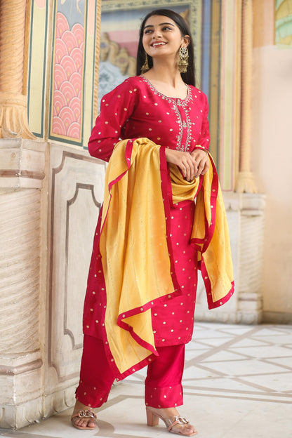 Polka Dots Embroidered Kurta with Trousers & Dupatta