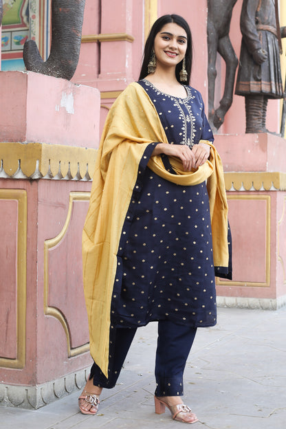 Polka Dots Embroidered Kurta with Trousers & Dupatta