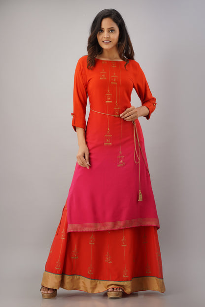 Ombre Printed Straight Kurta With Skirt - Red