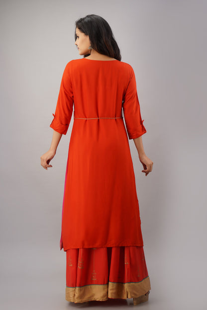 Ombre Printed Straight Kurta With Skirt - Red