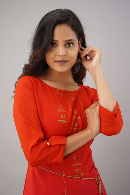 Ombre Printed Straight Kurta With Skirt - Red