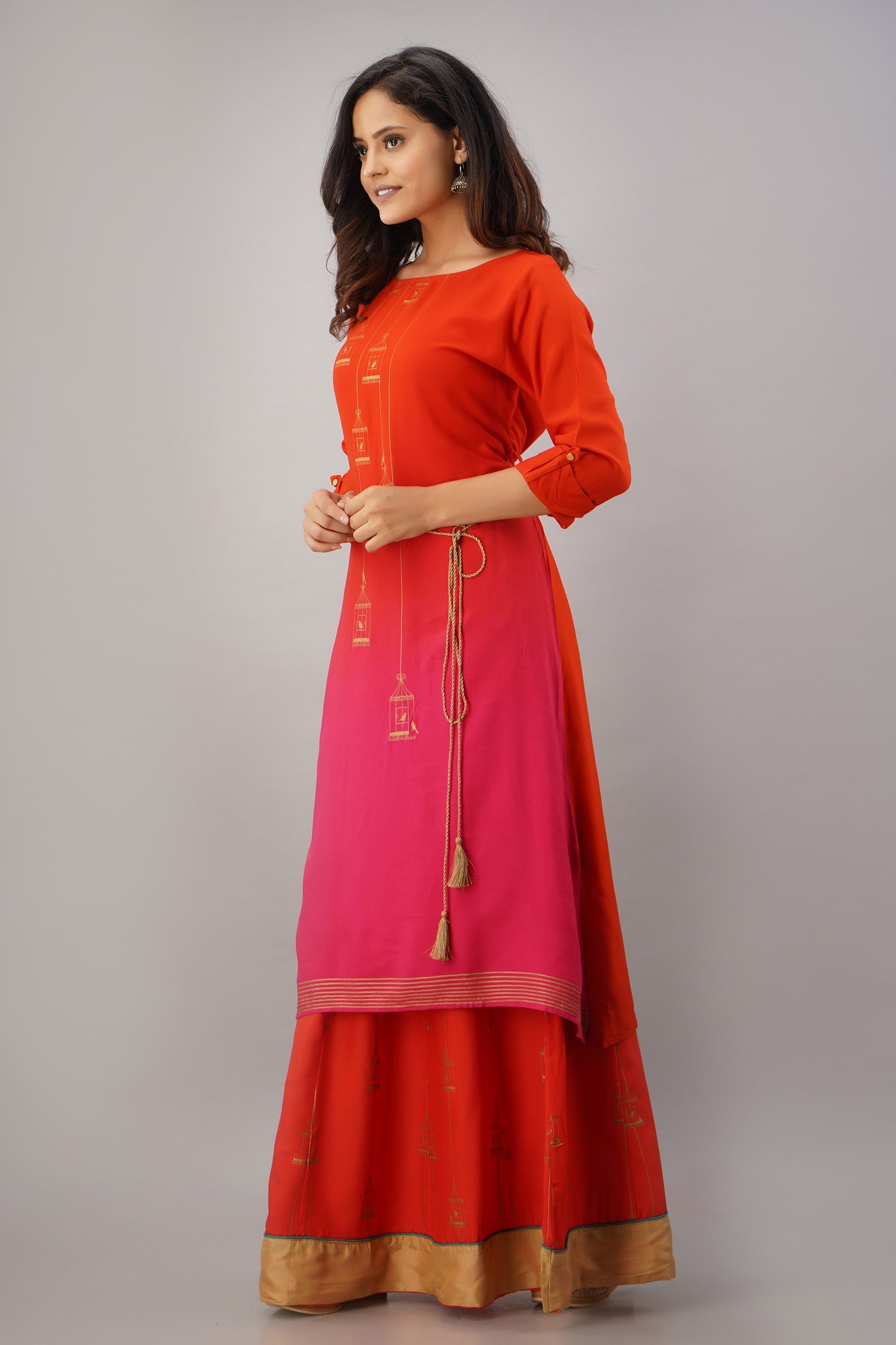 Ombre Printed Straight Kurta With Skirt - Red