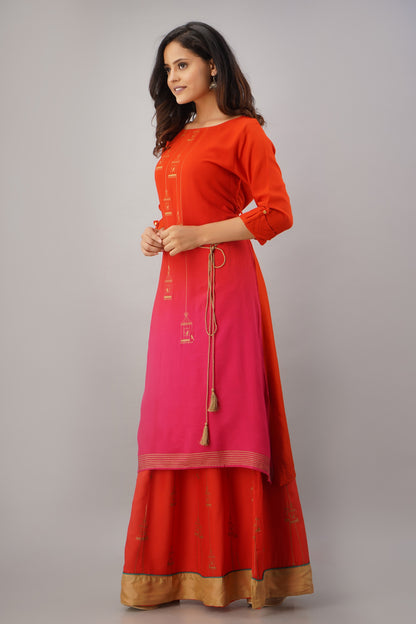 Ombre Printed Straight Kurta With Skirt - Red