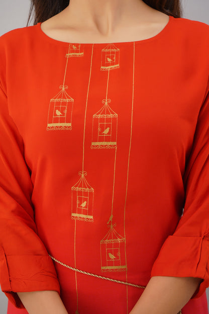 Ombre Printed Straight Kurta With Skirt - Red