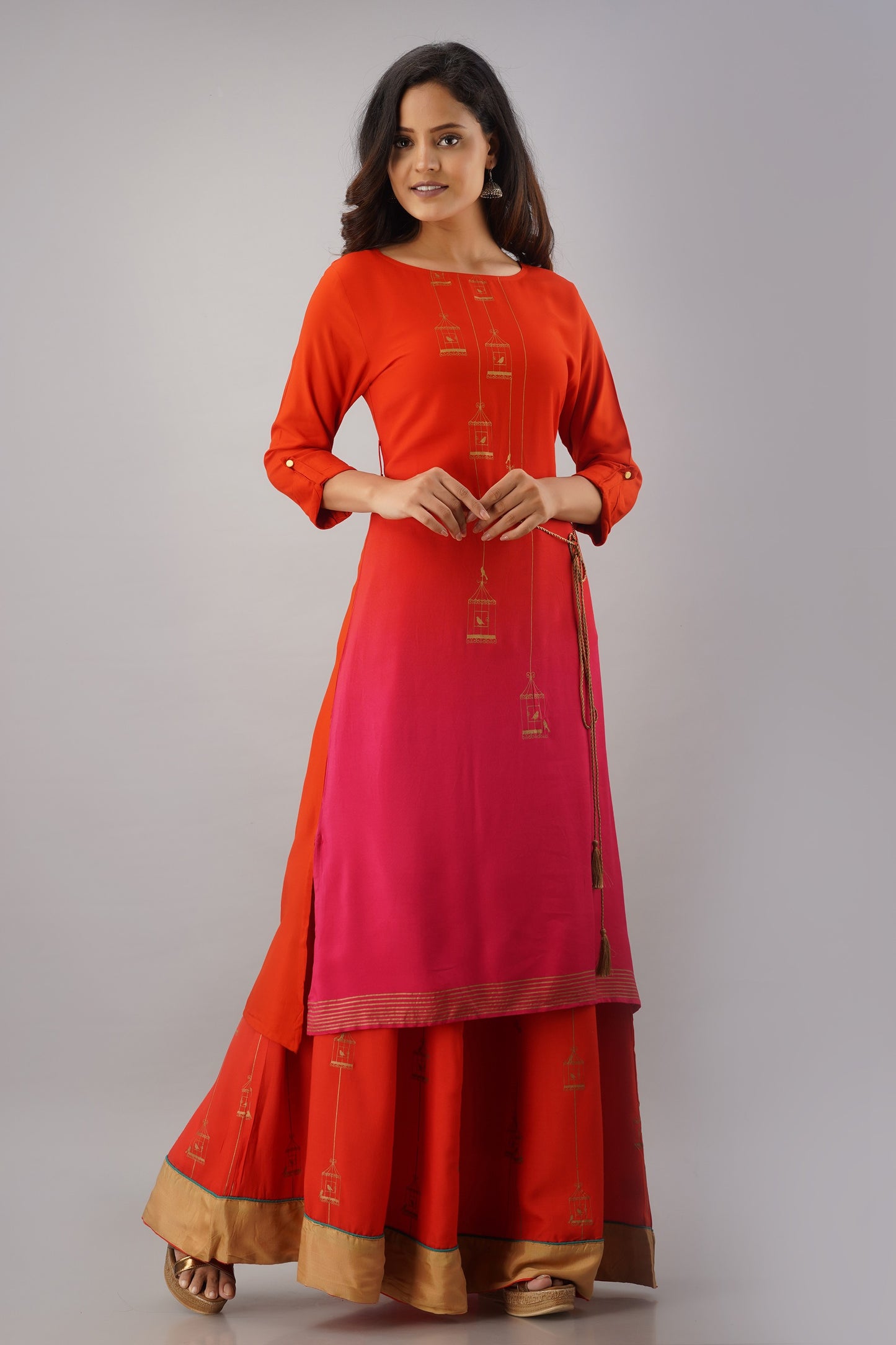 Ombre Printed Straight Kurta With Skirt - Red