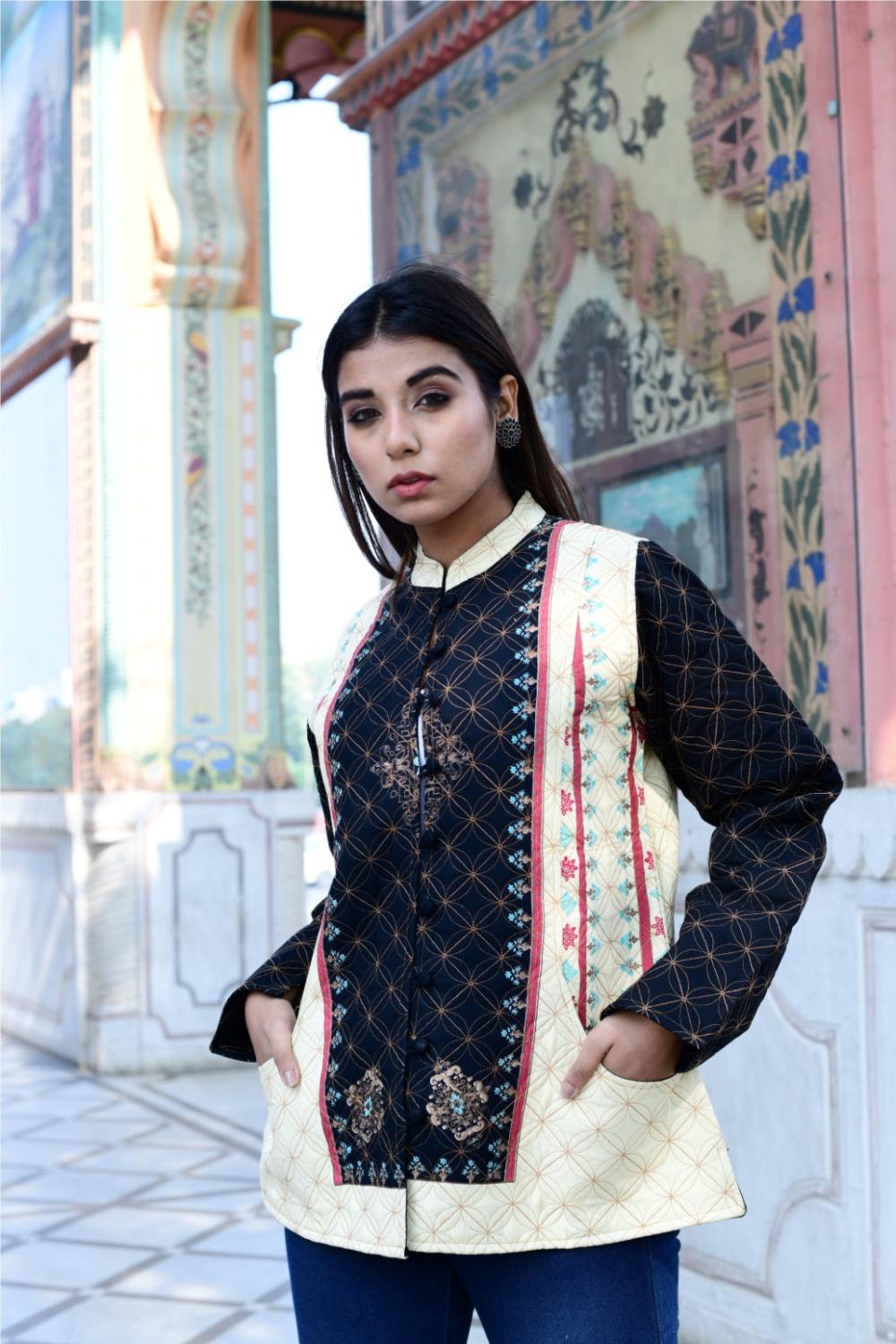 Women's Floral Quilted Jacket for Wedding Party  Black & Beige