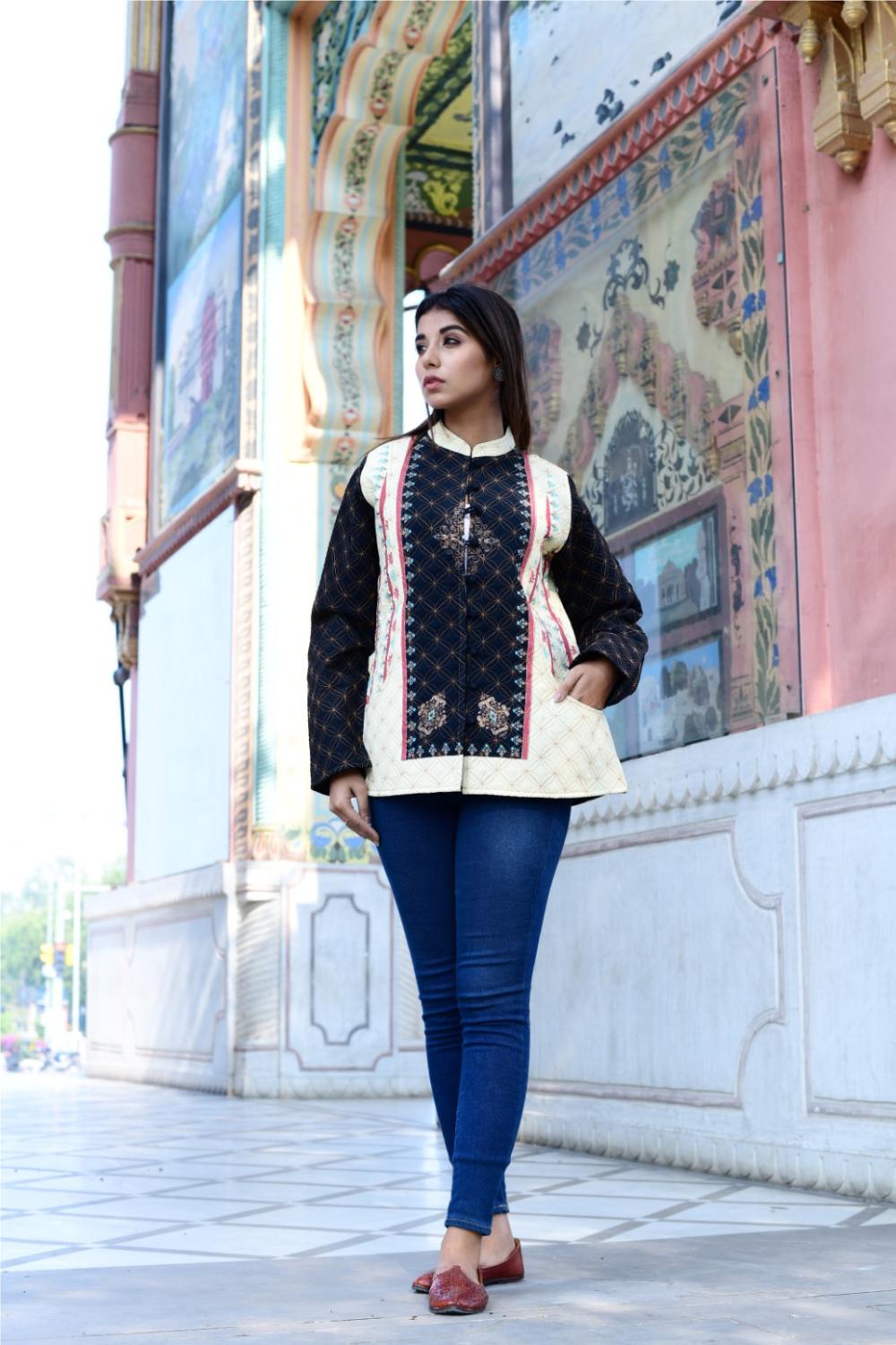 Women's Floral Quilted Jacket for Wedding Party  Black & Beige