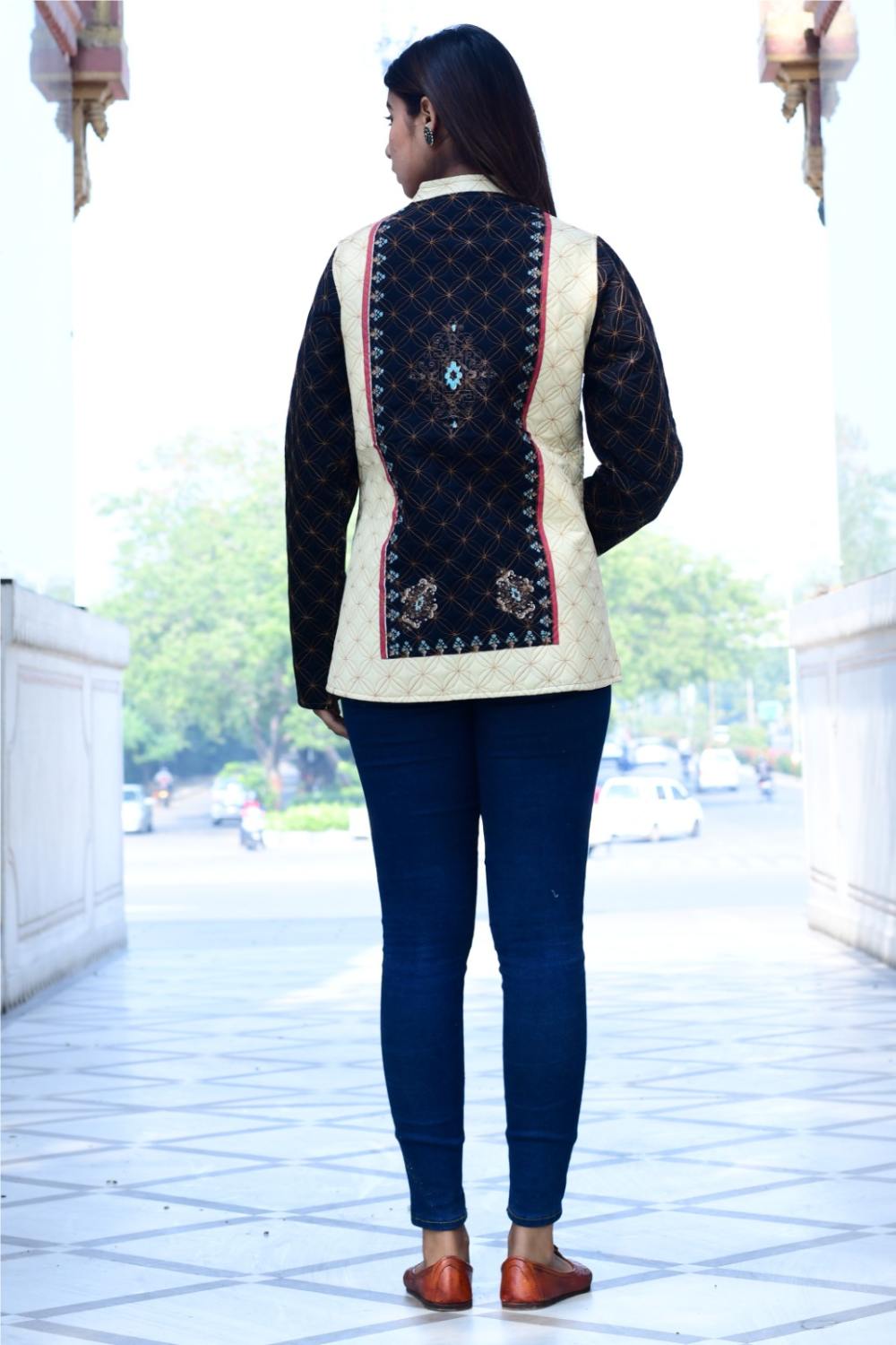 Women's Floral Quilted Jacket for Wedding Party  Black & Beige