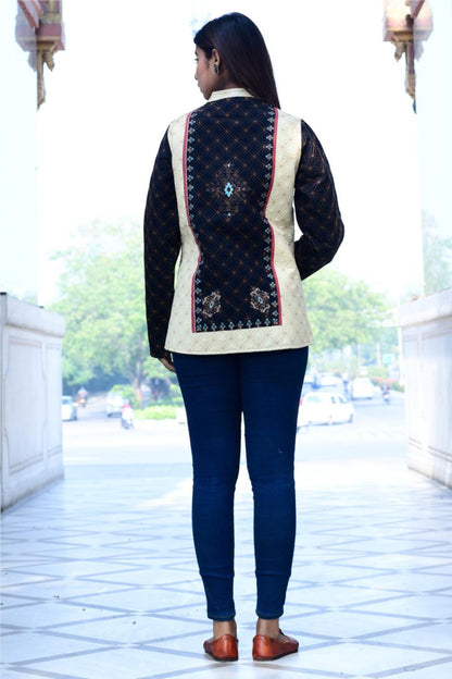 Women's Floral Quilted Jacket for Wedding Party  Black & Beige