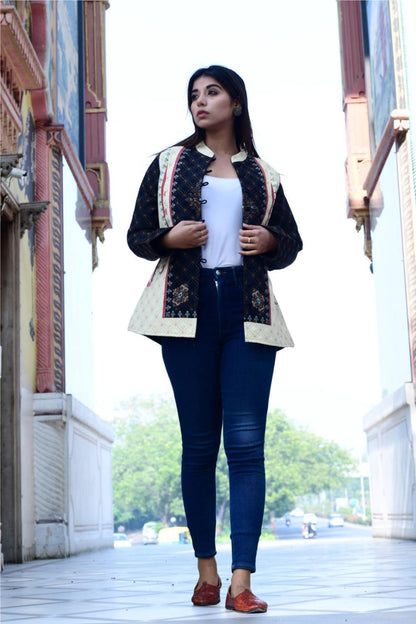 Women's Floral Quilted Jacket for Wedding Party  Black & Beige