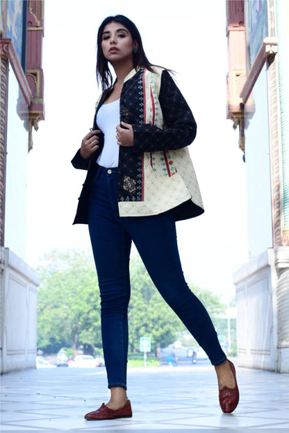 Women's Floral Quilted Jacket for Wedding Party  Black & Beige